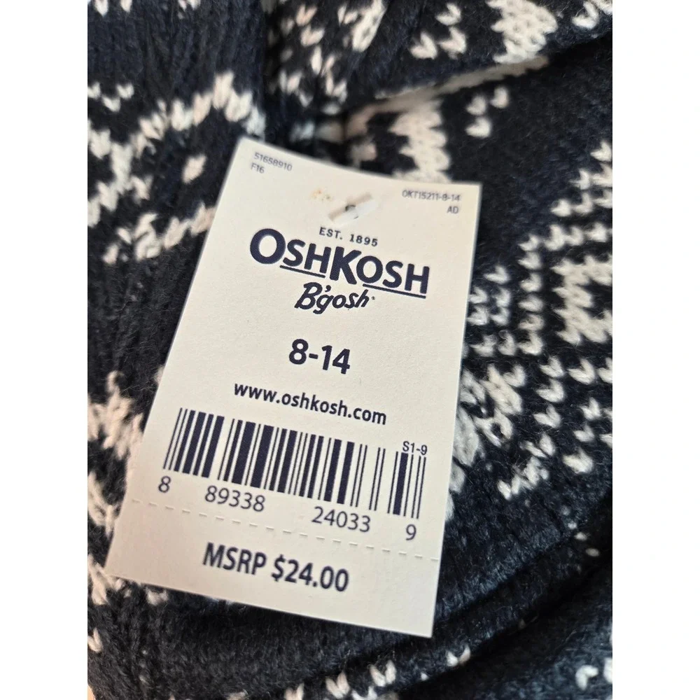 OshKosh B'gosh Kids Navy White Fair Isle Trapper Hat Faux Fur Lining Size 8-14